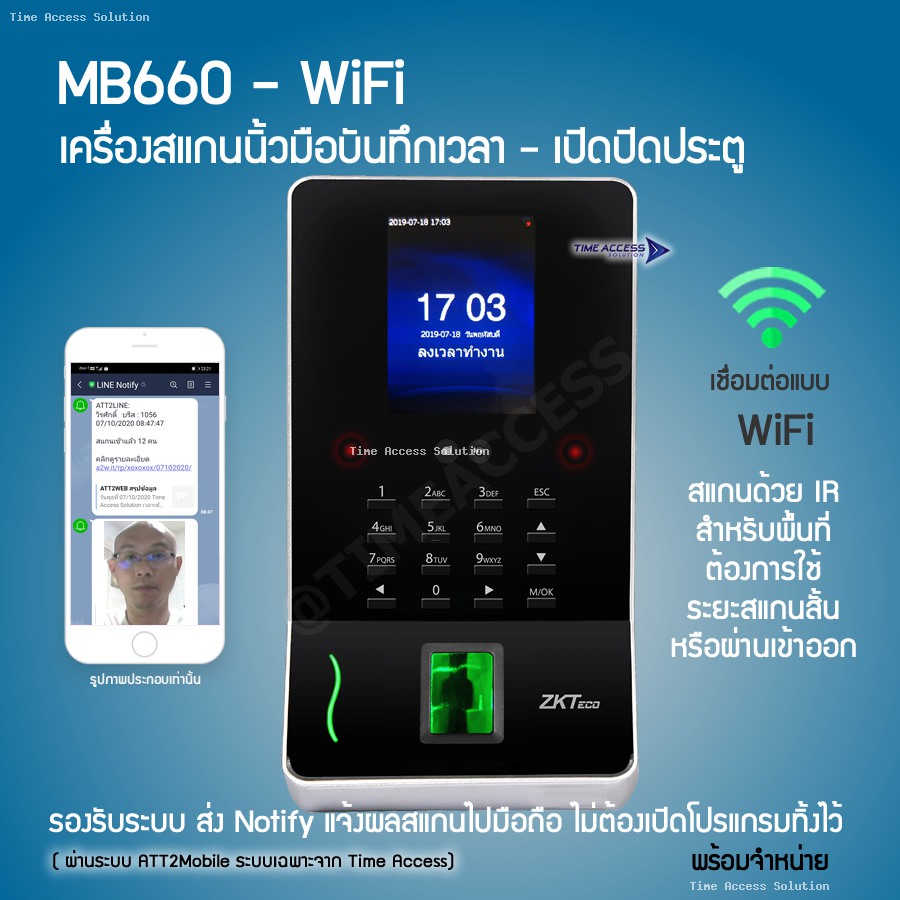 MB660 – เครื่องสแกนใบหน้าและลายนิ้วมือ พร้อมระบบส่ง Notify แจ้งเข้ามือถือ